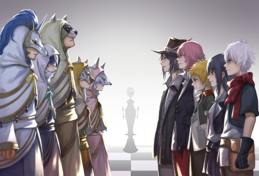3girls 6+boys aced_(kingdom_hearts) animal_ears ava_(kingdom_hearts) bear_ears bear_mask black_coat black_gloves blonde_hair blue_ribbon blue_vest brain_(kingdom_hearts) brown_bag brown_hat brown_ribbon capelet checkered_floor cloak closed_mouth coat covered_mouth ephemer_(kingdom_hearts) fake_animal_ears fox_ears fox_mask gloves green_capelet grey_hair gula_(kingdom_hearts) hat highres hood hood_up hooded_capelet invi_(kingdom_hearts) ira_(kingdom_hearts) jacket kingdom_hearts kingdom_hearts_x lauriam leopard_ears leopard_mask long_hair long_sleeves looking_at_another mask monnizou_(user_14399796) multiple_boys multiple_girls open_clothes open_coat pants pink_capelet pink_hair pleated_skirt red_pants red_ribbon red_scarf ribbon scarf shirt short_hair short_sleeves skirt skuld_(kingdom_hearts) sleeveless smile snake_mask spiked_hair standing unicorn_mask ventus_(kingdom_hearts) vest white_capelet white_cloak white_hair white_shirt yellow_capelet yellow_ribbon zipper