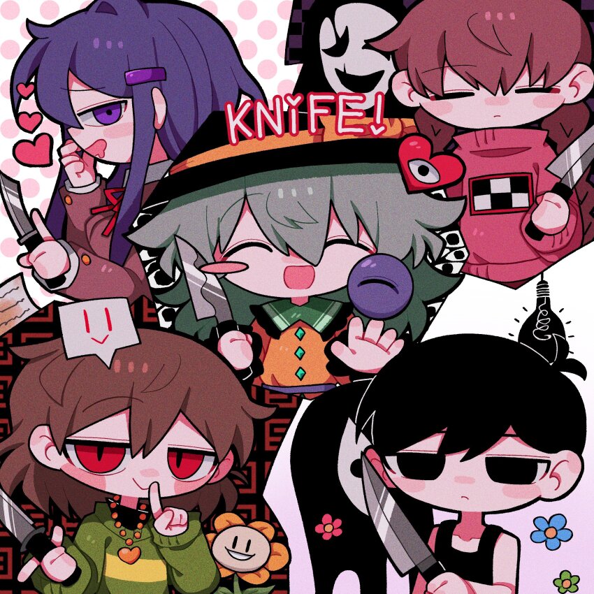 1boy 4girls absurdres black_hair black_hat blue_hair blush brown_hair chara_(undertale) chibi closed_eyes collar crossover doki_doki_literature_club drooling english_text finger_to_mouth flowey_(undertale) frilled_collar frilled_sleeves frills green_hair hat highres holding holding_knife index_finger_raised knife komeiji_koishi light_bulb looking_ahead looking_at_viewer madotsuki mouth_drool multiple_girls omori open_mouth red_hair ribbon shirt smile third_eye touhou undertale w.d._gaster yellow_ribbon yellow_shirt yume_nikki yuri_(doki_doki_literature_club) zunusama