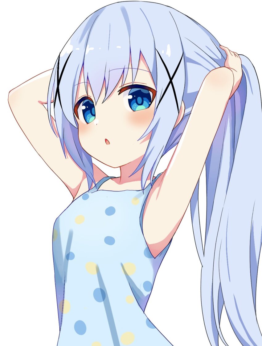 1girl :o alternate_costume alternate_hairstyle armpits arms_behind_head bare_shoulders blue_camisole blue_eyes blue_hair blue_pupils blush bunching_hair camisole child commentary_request gochuumon_wa_usagi_desu_ka? hair_ornament highres holding holding_own_hair kafuu_chino long_hair open_mouth polka_dot polka_dot_camisole ponytail poteto_furai sidelocks simple_background solo straight_hair upper_body very_long_hair white_background x_hair_ornament