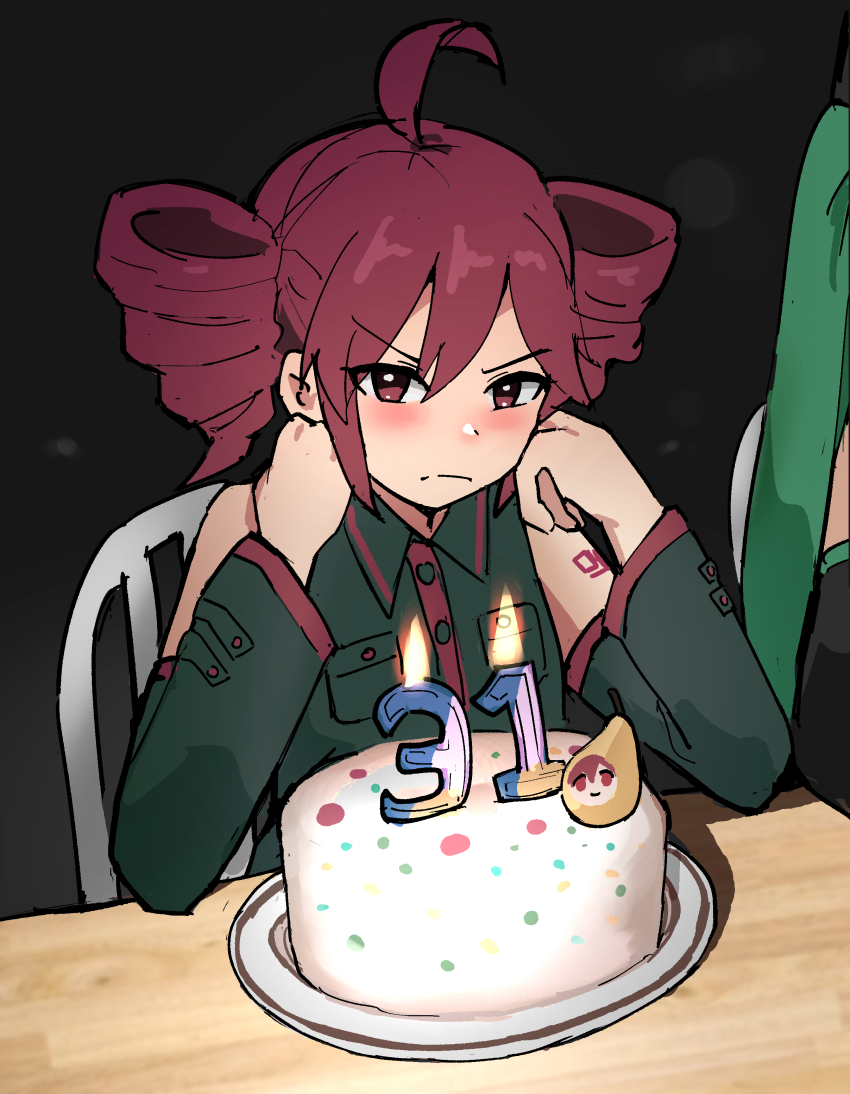 2girls absurdres age_conscious age_mention ahoge angry annoyed bare_shoulders birthday birthday_cake black_background black_shirt black_sleeves blurry blush bokeh cake candle chair character_age closed_mouth commentary curled_fingers depth_of_field detached_sleeves drill_hair elbow_on_table elbow_rest food frown fruit green_hair hair_between_eyes hatsune_miku head_out_of_frame head_rest highres kasane_teto kasane_teto_(utau) light_particles long_hair looking_at_viewer multiple_girls on_chair pear pearto red_eyes red_hair shirt sitting sketch solo_focus split_mouth sprinkles table tenten_(chan4545) tray utau v-shaped_eyebrows vocaloid
