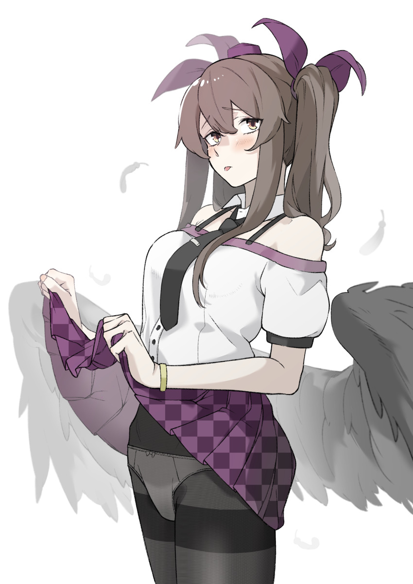 1girl :p absurdres black_eyes black_necktie black_wings bow breasts brown_hair buttons checkered_clothes checkered_skirt clothes_lift collared_shirt detached_collar feathered_wings feathers frilled_shirt_collar frills hair_bow hat highres himekaidou_hatate long_hair medium_breasts medium_skirt necktie off-shoulder_shirt off_shoulder panties pantyhose pom_pom_(clothes) puffy_short_sleeves puffy_sleeves purple_bow purple_skirt shirt short_sleeves shot_(shot0598) sidelocks simple_background skirt skirt_lift solo strap tokin_hat tongue tongue_out touhou underwear unmoving_pattern white_background white_panties white_shirt wings