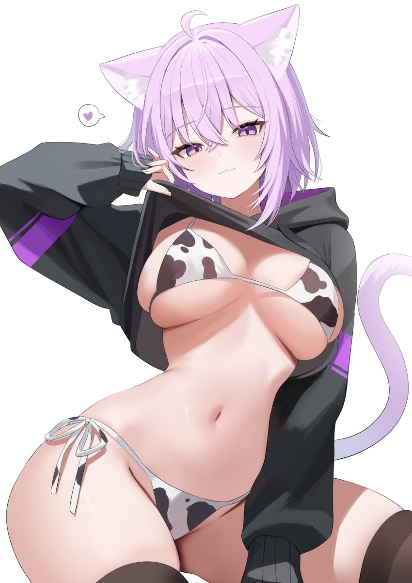 1girl :3 ahoge animal_ears animal_print bikini black_hoodie breasts brown_thighhighs cat_ears cat_girl cat_tail closed_mouth clothes_lift commentary cow_print cow_print_bikini hand_up highres hololive hood hood_down hoodie hoodie_lift large_breasts lifting_own_clothes long_sleeves looking_at_viewer medium_hair nannung navel nekomata_okayu no_pants print_bikini purple_eyes purple_hair side-tie_bikini_bottom skindentation smile solo stomach swimsuit symbol-only_commentary tail thighhighs thighs virtual_youtuber white_bikini