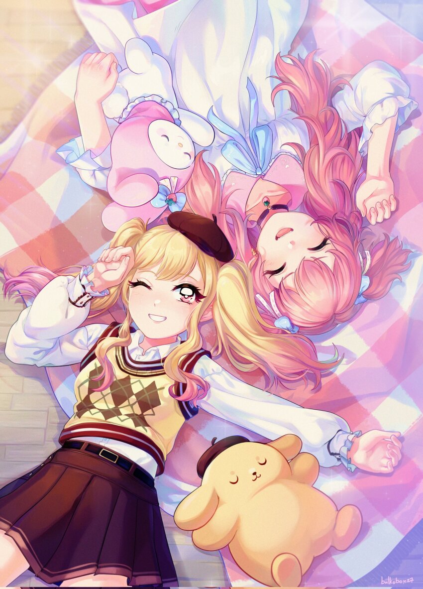 3girls :d ;d ^_^ artist_name belt beret black_belt black_choker blonde_hair breasts brown_hat brown_skirt bulkobon choker closed_eyes collared_dress collared_shirt cowboy_shot dress gradient_hair grin hat highres long_hair looking_at_viewer lying medium_breasts miniskirt momoi_airi multicolored_hair multiple_girls my_melody on_back one_eye_closed onegai_my_melody open_mouth orange_hair outstretched_arm pink_hair pleated_skirt pompompurin project_sekai sanrio shirt signature skirt smile star_(symbol) star_choker sweater_vest teeth tenma_saki three-quarter_sleeves tongue two_side_up u_u upper_teeth_only white_dress white_shirt yellow_sweater_vest
