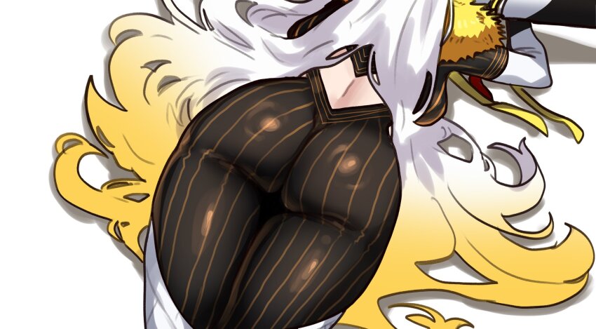 1girl ass back black_bodysuit black_pantyhose blonde_hair bodysuit boots breasts cloak e-grand_marie ebora fate/grand_order fate_(series) fur-trimmed_cloak fur_trim giant giantess gradient_hair highres horns long_hair long_sleeves lower_body medium_breasts multicolored_hair olga_marie_animusphere pantyhose shrug_(clothing) striped_bodysuit thigh_boots thighs u-olga_marie very_long_hair white_hair yellow_horns