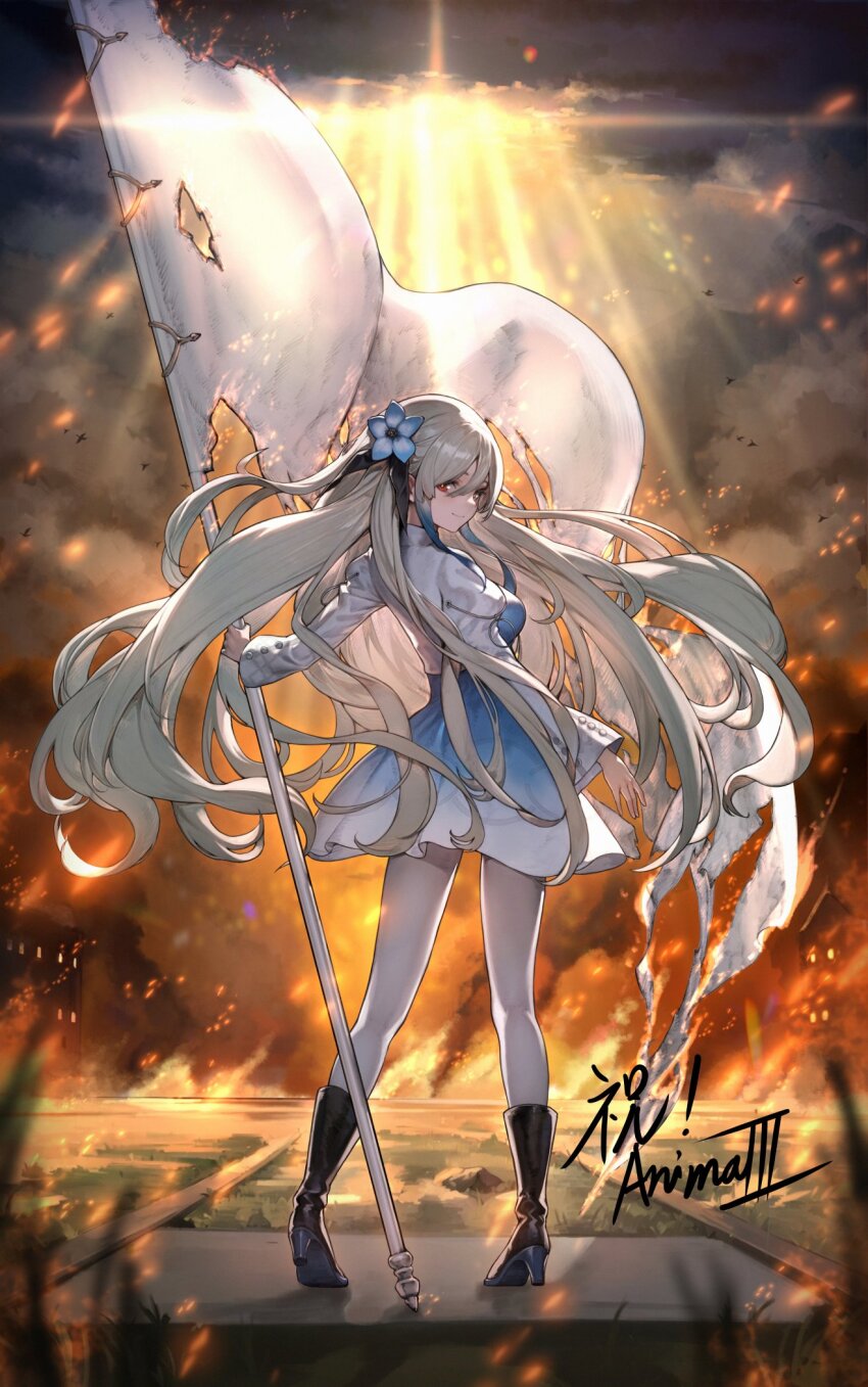 1girl artist_request blue_flower blue_hair boots cloud cloudy_sky dress embers fire flag flower full_body grey_eyes grey_hair hair_flower hair_ornament heterochromia high_heel_boots high_heels highres holding holding_flag isekaijoucho kamitsubaki_studio light_rays long_hair looking_at_viewer looking_back multicolored_hair outdoors pantyhose red_eyes second-party_source sky smile solo torn_flag two-tone_hair very_long_hair virtual_youtuber white_pantyhose
