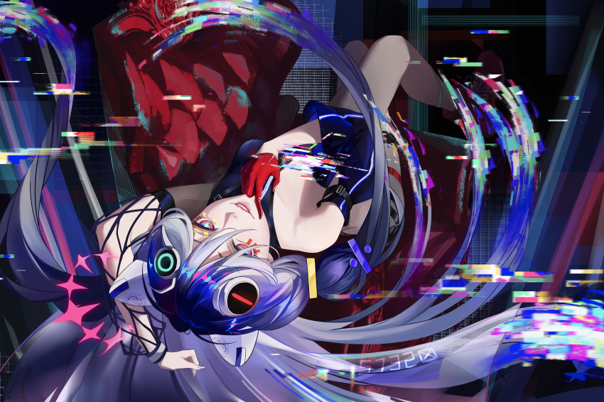 000_(path_to_nowhere) 1girl absurdres asymmetrical_sleeves bare_legs bare_shoulders black_shirt blue_hair cross-shaped_pupils cyberspace detached_sleeves fishnet_sleeves fishnets full_body glitch gloves gradient_hair headgear highres long_hair looking_at_viewer looking_up lying mechanical_ears mismatched_sleeves multicolored_hair on_back parted_lips path_to_nowhere red_eyes red_footwear red_gloves shirt single_glove sky_nomore sleeveless sleeveless_shirt smile solo symbol-shaped_pupils