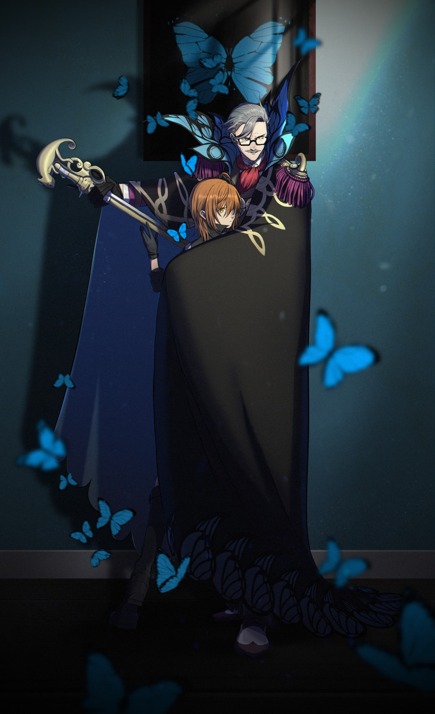 1boy 1girl absurdres ascot black_cape black_gloves blue_butterfly brown_hair bug butterfly cape closed_mouth facial_hair fate/grand_order fate_(series) fujimaru_ritsuka_(female) glasses gloves grey_hair hair_over_one_eye highres holding insect james_moriarty_(archer)_(fate) light_particles mature_male mizuna237 mustache picture_frame red_ascot shared_cape shared_clothes
