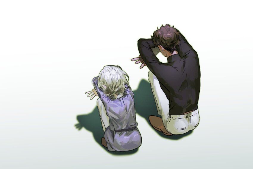2boys arms_up bags_under_eyes black_hair cat_shadow_puppet_(meme) curly_hair dark-skinned_male dark_skin dungeon_meshi elf from_behind grey_hair highres kabru leave_me_nxt male_focus meme mithrun multiple_boys notched_ear pants pointy_ears shadow shadow_puppet shirt shoes short_hair simple_background squatting tunic turtleneck white_background