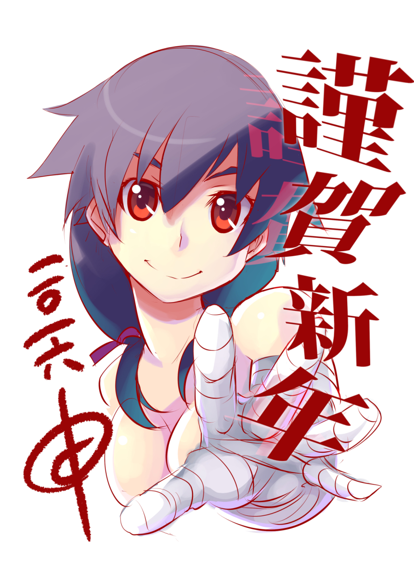 10s 1girl 2016 bandages black_hair brown_eyes female_focus highres kanbaru_suruga long_hair monogatari_(series) new_year solo takashi_moritaka