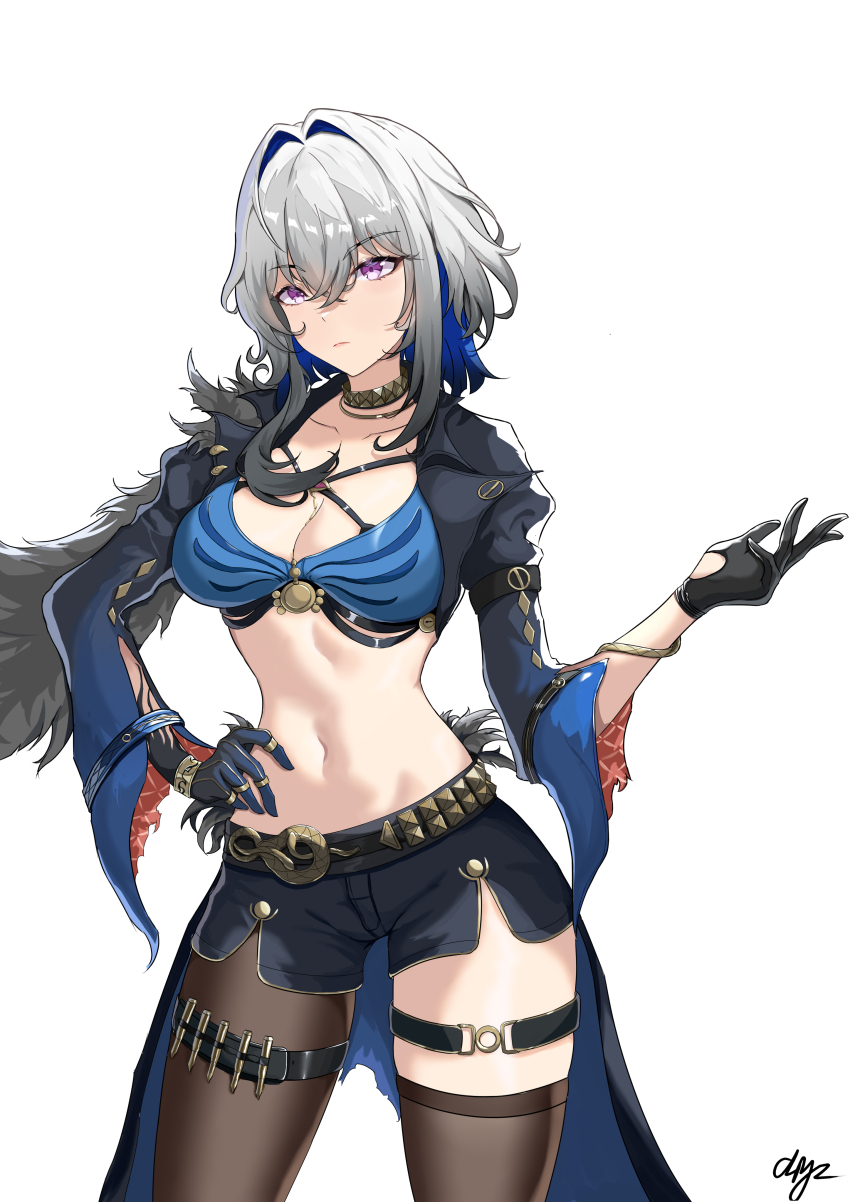 1girl absurdres black_gloves black_jacket black_pantyhose black_shorts black_thighhighs blue_bra blue_hair bra breasts cliyz closed_mouth colored_inner_hair commentary cowboy_shot cropped_jacket galbrena_(wuthering_waves) gloves grey_hair hair_between_eyes hair_intakes hand_on_own_hip hand_up highres jacket large_breasts looking_at_viewer medium_hair multicolored_hair mutation navel pantyhose purple_eyes shorts sidelocks signature simple_background single_leg_pantyhose single_thighhigh solo stomach thigh_strap thighhighs thighs underwear white_background wuthering_waves