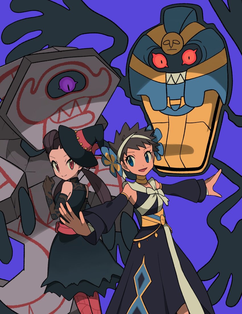 2girls black_dress black_headwear brown_gloves brown_hair closed_mouth cofagrigus commentary_request detached_sleeves dress flower gen_5_pokemon gen_8_pokemon gloves hair_flower hair_ornament hairband halloween_costume hand_up hat highres long_hair multiple_girls nintendo official_alternate_costume open_mouth outstretched_arms pantyhose phoebe_(fall_2023)_(pokemon) phoebe_(pokemon) pokemon pokemon_(creature) pokemon_masters_ex purple_background red_eyes roxanne_(fall_2023)_(pokemon) roxanne_(pokemon) runerigus short_hair smile spiked_hair twintails tyako_089 witch_hat