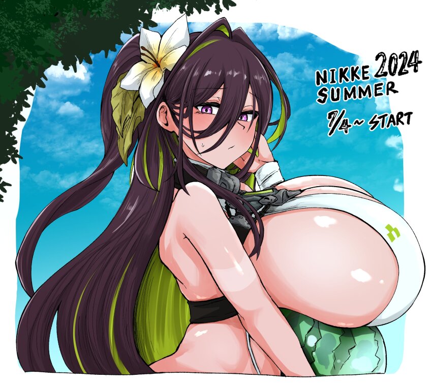 1girl absurdres bikini blush breasts brown_hair collar colored_inner_hair flower food fruit goddess_of_victory:_nikke green_bikini green_hair guilty_(nikke) guilty_(wave_of_disbelief)_(nikke) hair_between_eyes hair_flower hair_ornament highres holding huge_breasts long_hair multicolored_bikini multicolored_hair pink_eyes solo swimsuit tkool_man two-tone_bikini very_long_hair watermelon white_bikini