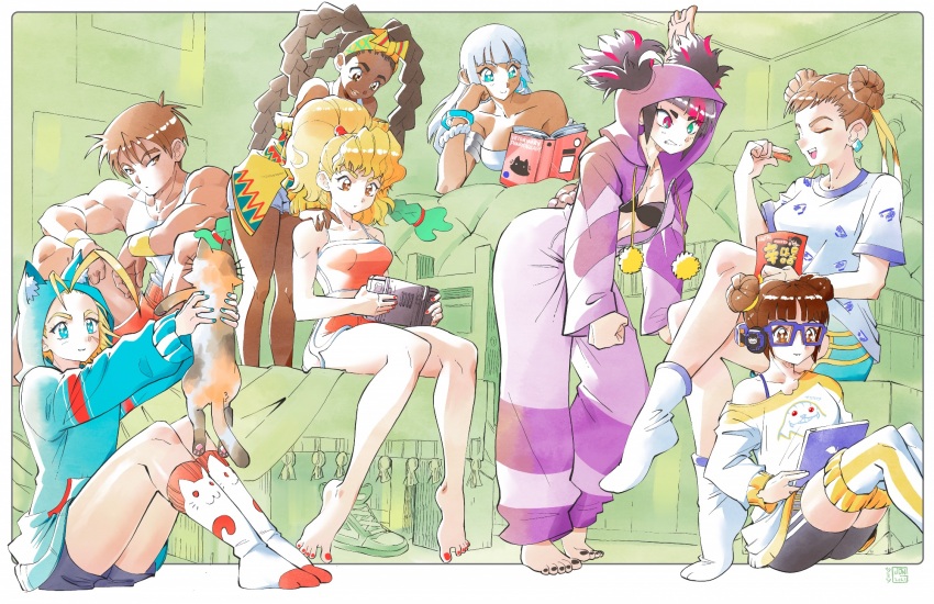 1boy 6+girls animal animal_hood barefoot bed cammy_white capcom cat cat_hood chun-li dark-skinned_female dark_skin dolphin_shorts elena_(street_fighter) final_fight final_fight_2 genryuusai_maki getinthegustaff glasses guy_(final_fight) hairband han_juri handheld_game_console hands_on_another&#039;s_shoulders highres holding holding_animal holding_cat hood hoodie kimberly_jackson leaning_forward li-fen multiple_girls official_alternate_costume on_bed onesie pajamas shorts socks street_fighter street_fighter_6 street_fighter_iii_(series) white_hair