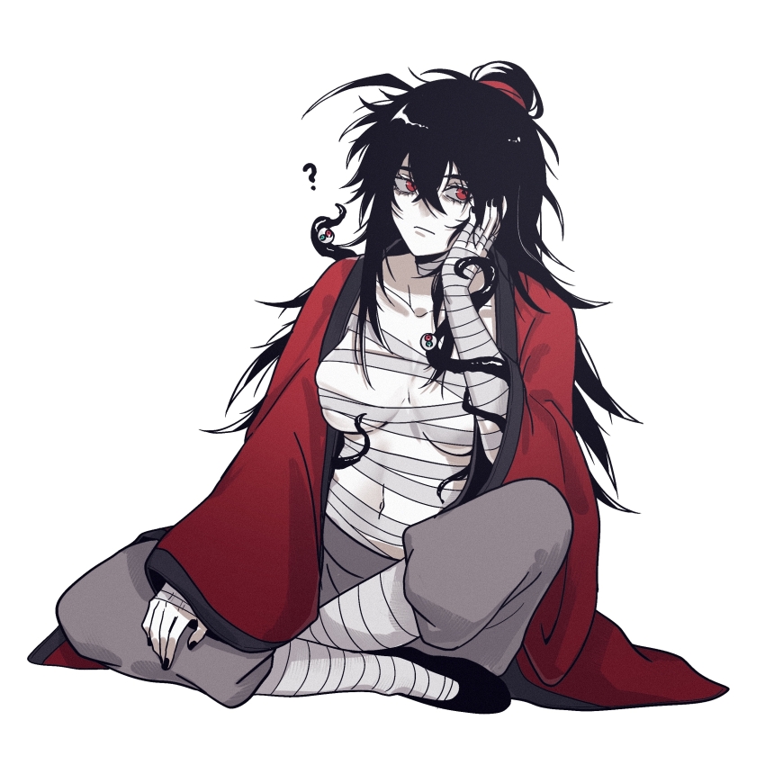 1girl ? absurdres bandaged_arm bandaged_chest bandaged_foot bandaged_hand bandaged_leg bandaged_neck bandaged_torso bandages black_hair black_nails black_shoes breasts chest_sarashi chinese_clothes chinese_commentary cleavage closed_mouth coat collarbone creature dao_gui_yi_xian eyeball eyelashes full_body genderswap genderswap_(mtf) grey_pants hair_between_eyes hair_bun hand_on_own_cheek hand_on_own_face hanfu head_rest highres li_huowang li_sui_(tentacles) limited_palette long_hair long_sleeves looking_at_viewer medium_breasts messy_hair nail_polish navel open_clothes open_coat open_robe pants partially_undressed red_coat red_eyes robe sarashi shoes simple_background single_hair_bun sitting solo tentacles tentacles_under_clothes white_background wide_sleeves wuzi3742