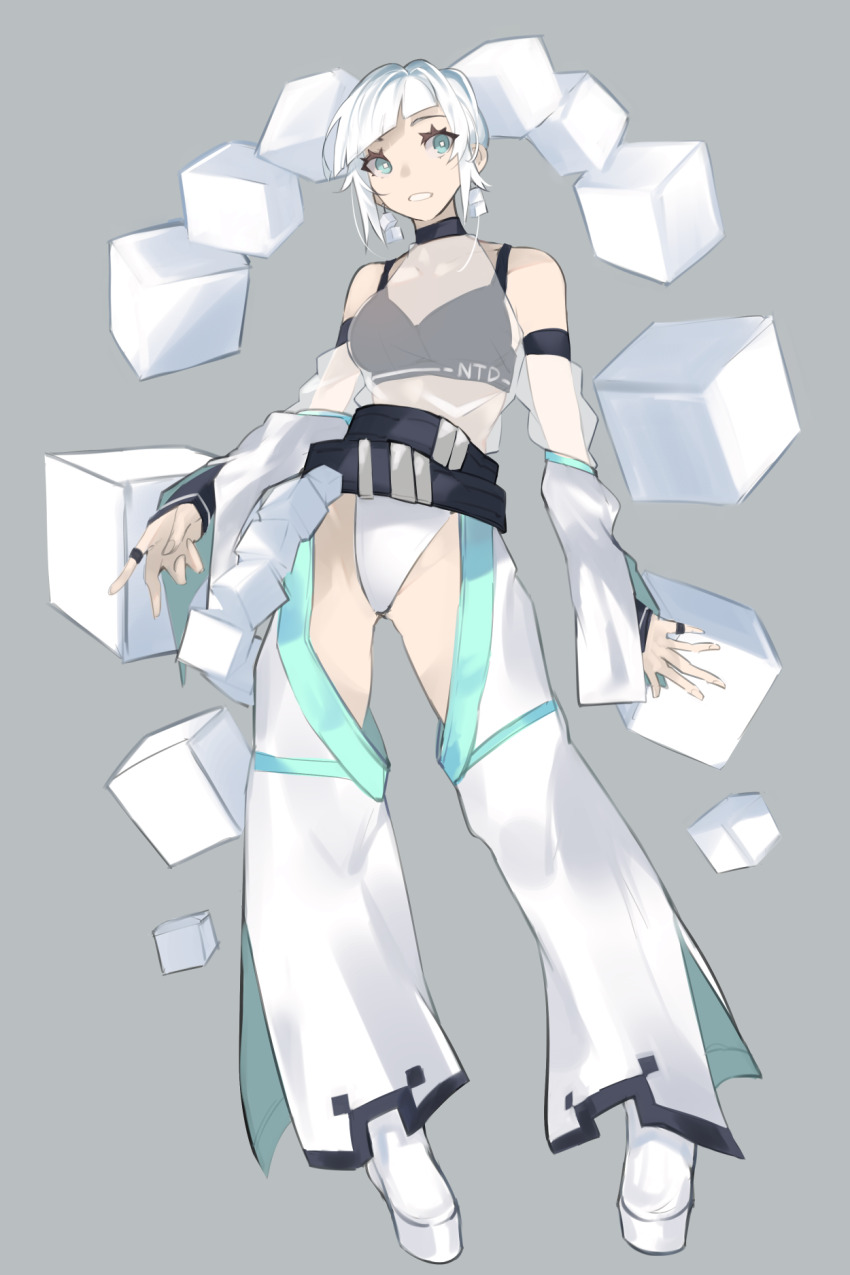 1girl aqua_eyes bare_shoulders belt black_belt black_choker black_sports_bra breasts bright_pupils chaps choker clothes_writing collarbone commentary_request contrapposto cube cube_earrings detached_hair detached_sleeves diagonal_bangs earrings fingernails full_body grey_background halterneck highres jewelry kamatpit long_hair long_sleeves looking_at_viewer medium_breasts midriff multiple_rings open_mouth original panties pants platform_shoes raised_eyebrows ring see-through_clothes see-through_shirt see-through_sleeves shirt shoes sidelocks simple_background sleeveless sleeveless_shirt sleeves_past_wrists solo sports_bra square_pupils standing twintails two-sided_fabric two-sided_sleeves underwear very_long_hair white_hair white_panties white_pants white_pupils white_shoes white_sleeves