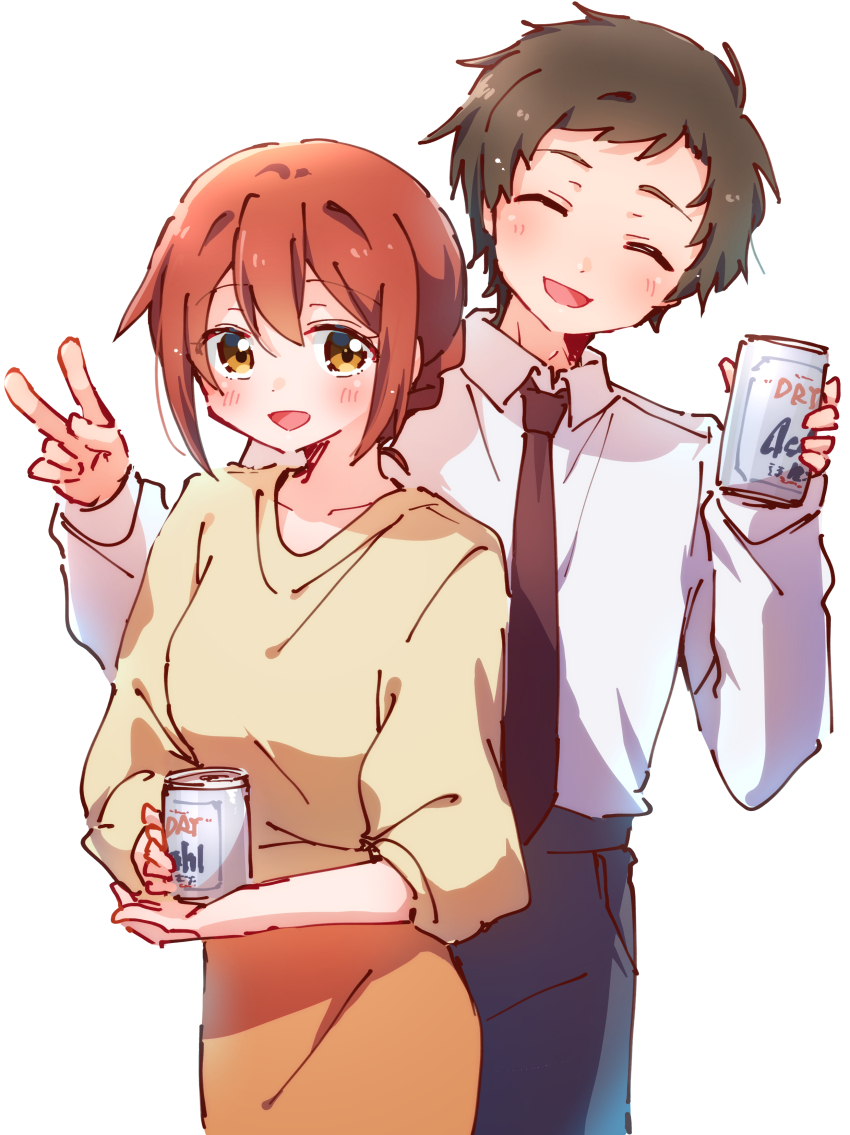 1boy 1girl absurdres beer_can black_hair brown_eyes brown_hair can drink_can hetero highres kono_kaisha_ni_suki_na_hito_ga_imasu mitsuya_yui necktie nyaa_(nnekoron) shirt sketch standing tateishi_masugu v white_shirt yellow_shirt