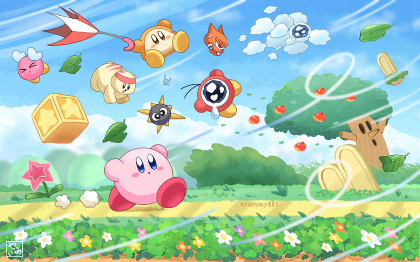 &gt;_&lt; apple blue_sky blush_stickers bronto_burt cloud day flower food from_side fruit gordo grass highres holding holding_umbrella kirby kirby_(series) kracko leaf nintendo no_humans open_mouth orange_flower outdoors path pink_flower road running scarfy sky tears twitter_username umbrella waddle_dee waddle_doo whispy_woods white_flower wind yamy_(iseki_no_kusamura) yellow_flower
