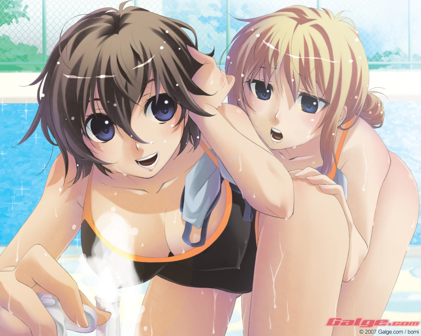 2007 2girls :d :o adjusting_hair ass bent_over blonde_hair blue_eyes blush bob_cut bomi breasts brown_hair chain-link_fence cleavage cloud competition_swimsuit covered_erect_nipples day downblouse drinking_fountain fence fingernails foreshortening galge.com goggles grabbing_another&#039;s_ass groping hair_up large_breasts long_fingernails multiple_girls naughty_face one-piece_swimsuit open_mouth outdoors parted_bangs pool poolside short_hair sidelocks sky smile sparkle swim_cap swimsuit water wet wet_clothes yuri