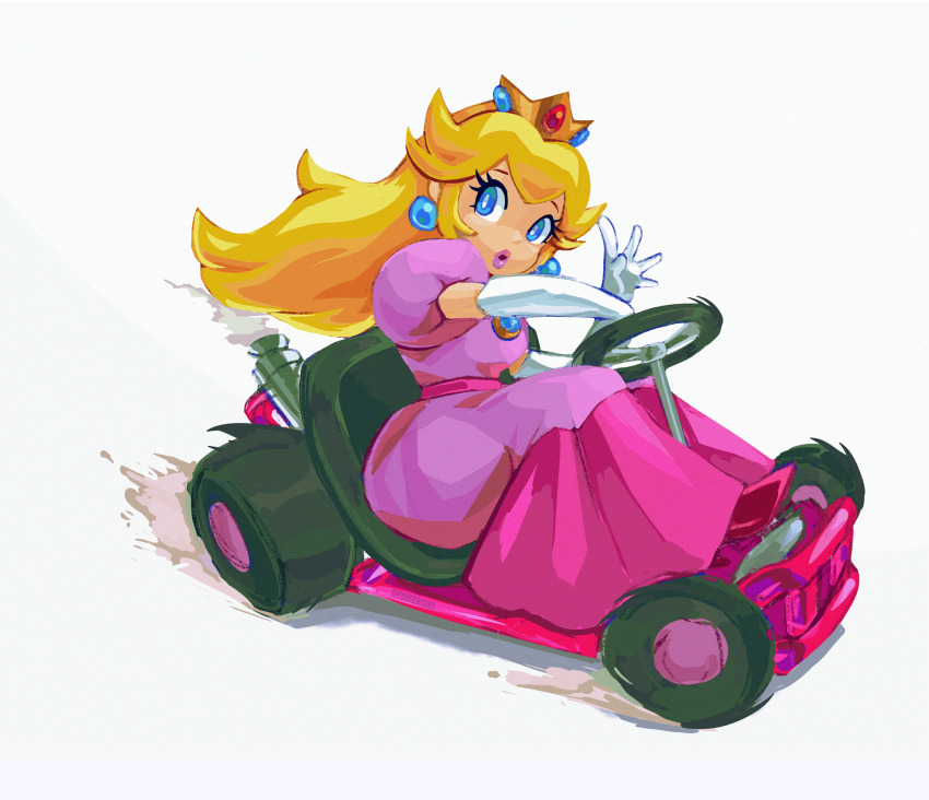 1girl blonde_hair blue_eyes bright_pupils brooch crown derivative_work dress drifting driving earrings elbow_gloves engine eyelashes floating_hair full_body gloves go-kart high_heels highres huge_filesize jewelry knees_up lips long_dress long_hair looking_away mario_(series) mario_kart mario_kart_super_circuit motion_lines nintendo open_hand parted_lips pedal pink_dress pink_footwear pink_lips princess princess_peach puffy_short_sleeves puffy_sleeves race_vehicle shadow short_sleeves simple_background sitting smoke solo spudenski steering_wheel wheel white_background white_gloves white_pupils