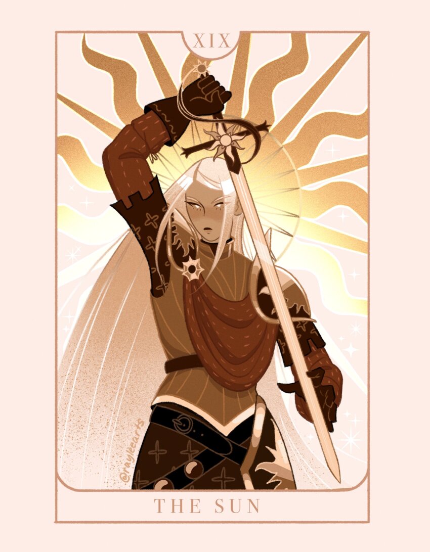 1girl armor belt black_belt border brooch brown_gloves brown_skirt brown_tunic cape card_(medium) closed_mouth commentary cowboy_shot cross cross_print cuirass english_commentary english_text gloves hand_on_blade highres holding holding_sword holding_weapon jewelry long_hair multiple_belts original pauldrons pink_background pink_border raylee red_cape red_shirt roman_numeral shirt shoulder_armor skirt solo sun_behind_head sword sword_tassel tan tarot tarot_(medium) tassel the_sun_(tarot) tunic twitter_username very_long_hair weapon white_hair
