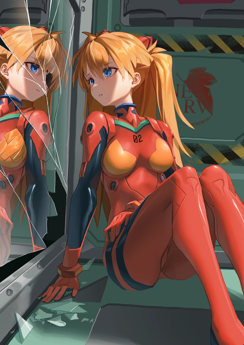 1girl absurdres blue_eyes bodysuit breasts broken_mirror different_reflection evangelion:_2.0_you_can_(not)_advance evangelion:_3.0_you_can_(not)_redo glass_shards hairpods hanho highres looking_at_mirror mecha_pilot_suit medium_breasts mirror neon_genesis_evangelion nerv orange_hair parted_lips plugsuit_(evangelion) rebuild_of_evangelion red_bodysuit reflection sitting skin_tight solo souryuu_asuka_langley two_side_up