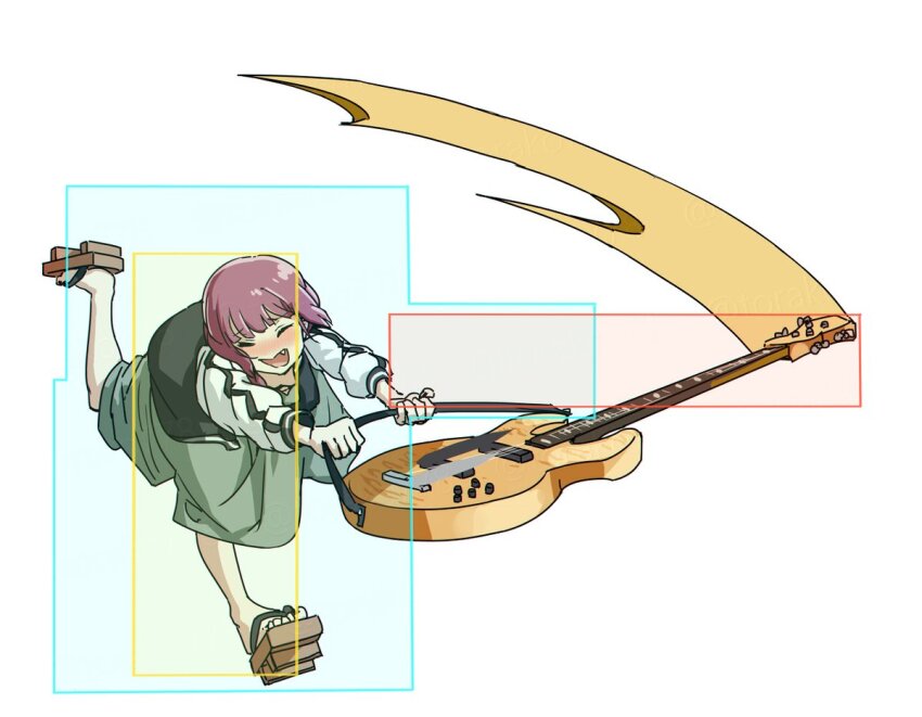 1girl a.b.a aqua_scarf black_jacket black_nails blush bocchi_the_rock! bow closed_eyes dress fang fighting_game fingernails full_body geta green_bow green_dress guitar hair_bow hair_over_shoulder hiroi_kikuri hitbox holding holding_guitar holding_instrument instrument jacket long_hair long_sleeves low-braided_long_hair low-tied_long_hair medium_dress multicolored_jacket nail_polish nose_blush open_clothes open_jacket open_mouth pink_hair scarf simple_background smear_frame smile solo toenail_polish toenails torako_(toramaru) twitter_username two-tone_jacket white_background white_jacket