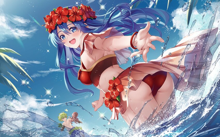 1boy 1girl animal ass bikini blue_eyes blue_hair blue_sky blue_swim_trunks blush breasts brown_gloves cloud commentary_request day fingerless_gloves fire_emblem fire_emblem:_the_binding_blade fire_emblem_heroes floating_hair flower gloves green_hair head_wreath highres lilina_(fire_emblem) lilina_(summer)_(fire_emblem) long_hair looking_at_viewer male_swimwear medium_breasts nintendo ocean octopus official_alternate_costume open_mouth partially_submerged reaching reaching_towards_viewer red_bikini red_flower short_hair sky smile swim_trunks swimsuit topless_male water wolt_(fire_emblem) wolt_(summer)_(fire_emblem) yuki_(yuki2061)