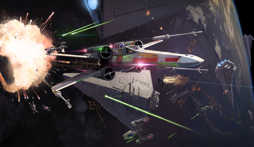 absurdres explosion firing flying galactic_empire_(star_wars) highres jeffholy laser luke_skywalker planet r2-d2 rebel_alliance_(star_wars) rz-1_a-wing science_fiction signature spacecraft star_destroyer star_wars starfighter tie_fighter tie_interceptor vehicle_focus y-wing