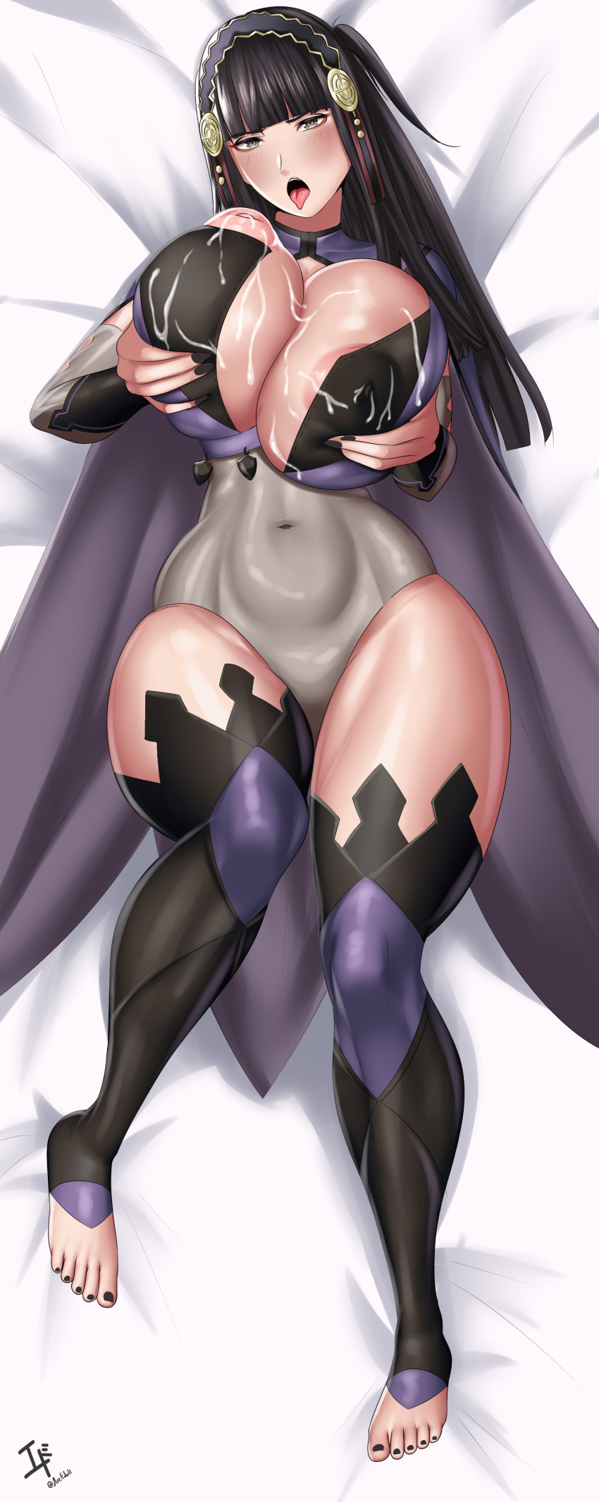 1girl absurdres arcedo blush breasts covered_navel curvy dakimakura_(medium) detached_sleeves female_focus fire_emblem fire_emblem_fates full_body grabbing_own_breast highres huge_breasts lactation long_hair looking_at_viewer lying nail_polish nintendo on_back rhajat_(fire_emblem) solo thick_thighs thighhighs thighs toeless_legwear toenail_polish toenails tongue tongue_out wide_hips