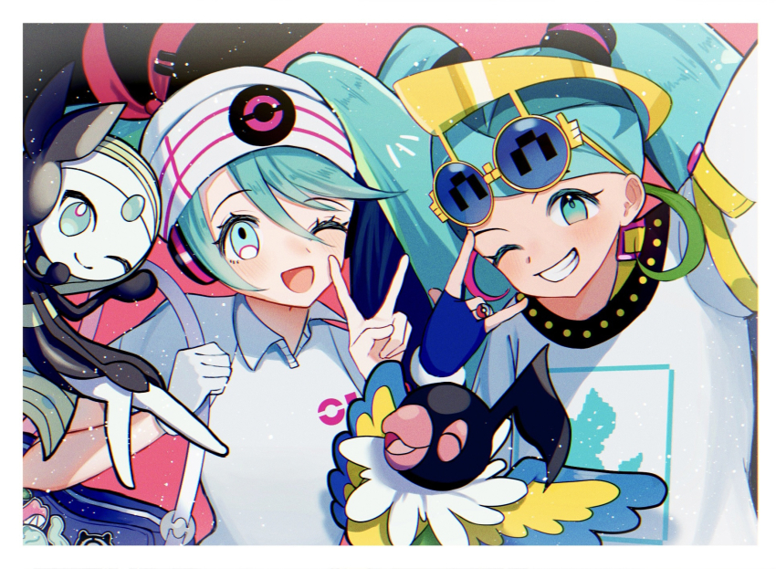 1other 3girls aqua_eyes aqua_hair arm_up beak beanie bird bird_wings black_dress blush chatot closed_eyes closed_mouth collared_shirt dress eyewear_on_head feathered_wings fingerless_gloves gen_4_pokemon gen_5_pokemon gloves green_hair hair_between_eyes hair_ornament hat hatsune_miku headphones highres legendary_pokemon long_hair looking_at_viewer meloetta multiple_girls musical_note mythical_pokemon nintendo normal_miku_(project_voltage) official_alternate_costume official_alternate_hairstyle one_eye_closed open_mouth parrot poke_ball_print poke_ball_symbol pokemon project_voltage psychic_miku_(project_voltage) sheet_music shirt single_glove smile sunglasses suzuno_suzuran teeth twintails v very_long_hair vocaloid white_gloves white_shirt wings