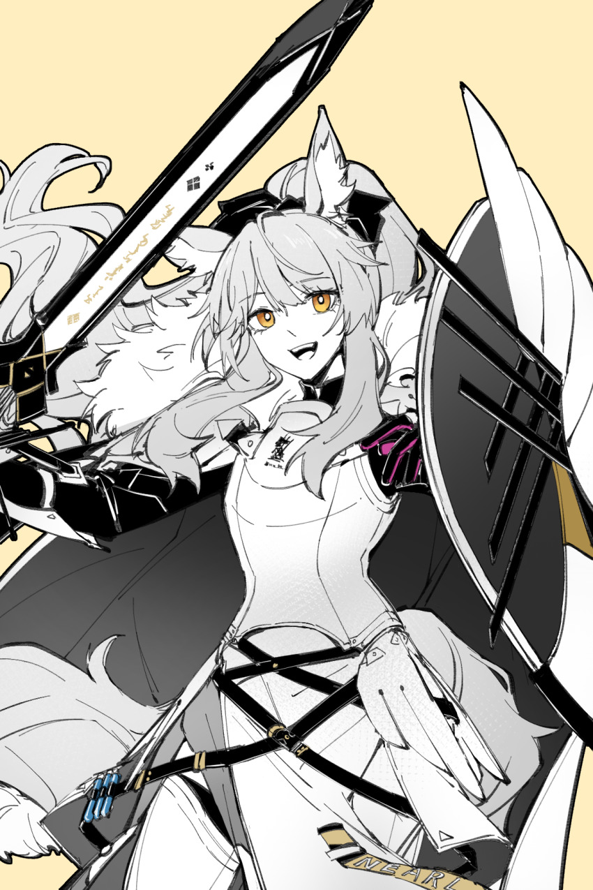 1girl :d animal_ear_fluff animal_ears arknights armor armored_dress blemishine_(arknights) cape character_name chinese_commentary commentary_request cowboy_shot dress floating_hair highres holding holding_shield kingdom_of_kazimierz_logo long_hair looking_at_viewer open_mouth partial_commentary partially_colored piaoliu_ping_ping_ping_pingzi shield sidelocks simple_background smile solo standing strap tail yellow_background yellow_eyes