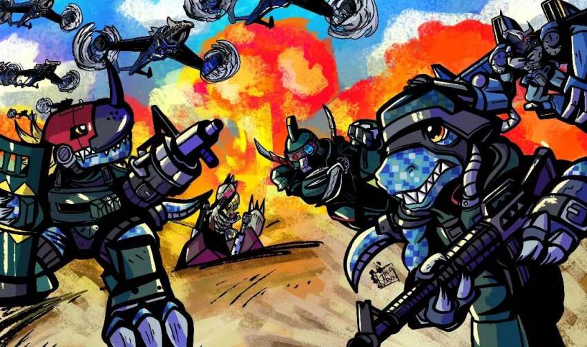 brigadramon cargodramon claws commandramon d-brigade digimon digimon_(creature) dragon explosion fire gun helmet hi-commandramon sealsdramon sharp_teeth shield tail tankdramon teeth weapon