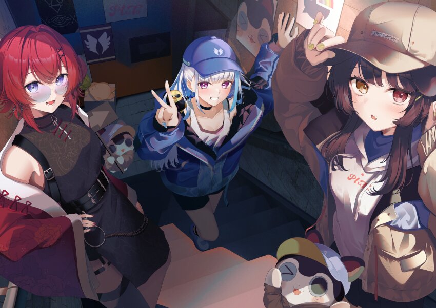 &gt;_o 3girls absurdres ange_katrina ange_katrina_(7th_costume) animal animal_ears animal_on_shoulder arrow_(symbol) banken_(inui_toko) bare_legs bare_shoulders baseball_cap belt bird bird_on_shoulder black_belt black_choker black_dress black_hoodie black_shorts black_skirt blue_eyes blue_hair blue_hat blue_jacket blue_nails blue_shoes blush box breasts brown_hair brown_hat brown_jacket cardboard_box china_dress chinese_clothes choker cleavage clothed_animal clothes_writing collarbone commentary_request company_logo dog_ears double_bun dress earrings eyelashes fang fanged_bangs floral_print floral_print_dress floral_print_jacket from_above green_nails grey_thighhighs grin hair_bun hair_intakes hair_ornament hand_on_headwear hand_on_own_hip hand_on_wall hands_up hat heterochromia highres holding holding_sign hood hoodie inui_toko inui_toko_(8th_costume) jacket jewelry lize_helesta lize_helesta_(8th_costume) long_hair long_sleeves looking_at_viewer lower_teeth_only mandragora_(ange_katrina) medium_breasts mika_uni multicolored_hair multiple_belts multiple_girls nail_polish nijisanji o-ring o-ring_thigh_strap off_shoulder on_stairs one_eye_closed open_clothes open_jacket open_mouth pink-tinted_eyewear pleated_skirt ponytail poster_(object) purple_eyes red_eyes red_hair red_jacket red_nails rimless_eyewear round_eyewear sanbaka_(nijisanji) sebastian_piyodore shoes shorts side_slit sign single_thighhigh skin_fang skirt sleeveless sleeveless_dress small_breasts smile stairs standing sunglasses tank_top tassel tassel_hair_ornament teeth thigh_strap thighhighs tinted_eyewear two-tone_hair v virtual_youtuber white_hair white_hoodie white_tank_top x_hair_ornament yellow_bird yellow_eyes