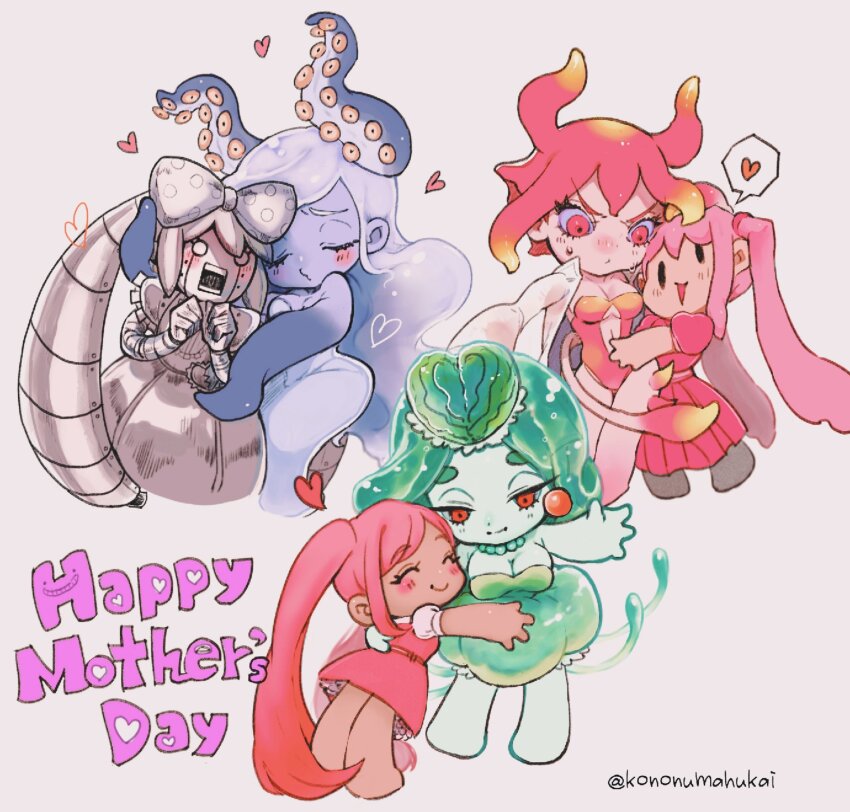 6+girls absurdres blonde_hair blush breasts chibi cleavage closed_mouth dark-skinned_female dark_skin gradient_background green_hair happy_mother&#039;s_day heart highres ippaiotabe_mkw long_hair marina_(omori) medium_breasts medusa_(omori) molly_(omori) multicolored_hair multiple_girls mutantheart_(omori) omori open_mouth perfectheart_(omori) pink_hair roboheart_(omori) short_hair smile speech_bubble spoken_heart sweat tentacle_hair twintails twitter_username white_background