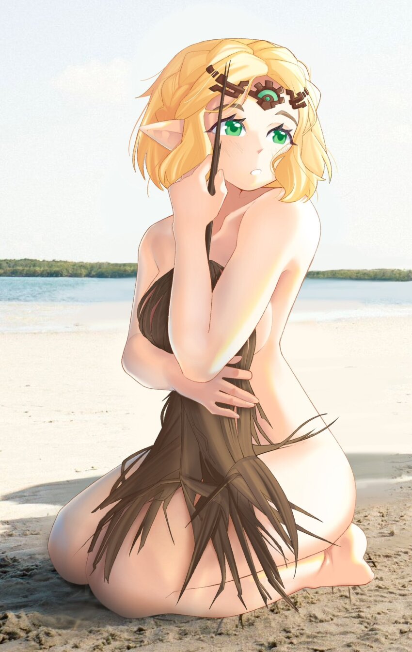 1girl barefoot beach blonde_hair braid covering_privates croissantjpeg crown crown_braid full_body green_eyes highres holding holding_leaf kneeling leaf nintendo nude nude_cover pointy_ears princess_zelda seiza short_hair sitting the_legend_of_zelda the_legend_of_zelda:_tears_of_the_kingdom