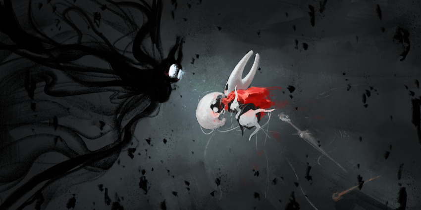 1other 2girls absurdres cloak darkness glowing glowing_eyes highres hollow_knight hollow_knight:_silksong hornet_(hollow_knight) knight_(hollow_knight) lace_(hollow_knight) meltymap multiple_girls needle_(hollow_knight) pin_(hollow_knight) red_cloak shade_(hollow_knight) spoilers white_hair