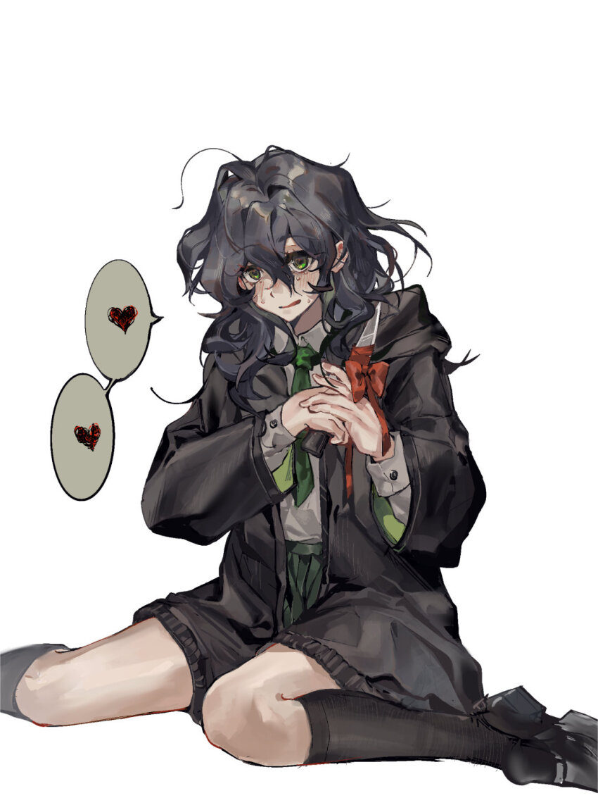1girl black_hair black_jacket black_shoes chinese_commentary collared_shirt commentary_request copyright_request green_eyes green_necktie green_skirt hair_intakes heart heart-shaped_pupils highres holding holding_knife hood hood_down hooded_jacket jacket kneehighs knife long_sleeves messy_hair necktie open_clothes open_jacket pleated_skirt school_uniform shirt shoes shuiyemusan simple_background sitting skirt socks solo speech_bubble spoken_heart symbol-shaped_pupils wariza white_background white_shirt yandere