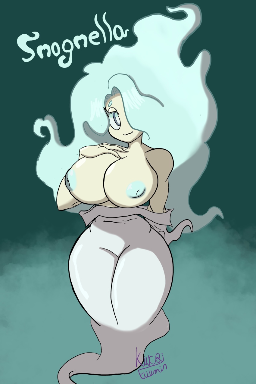 1girl absurdres aqua_hair blush breasts character_name english_text enraenra_(youkai_watch) hair_over_one_eye highres kuroi_fuumin large_breasts messy_hair monster_girl nipples no_humans smile topless wide_hips youkai_watch youkai_watch_2