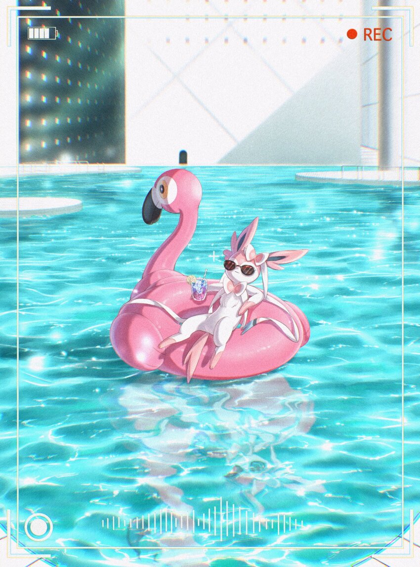 bow drink flamigo gen_6_pokemon highres innertube nintendo no_humans pink_fur pokemon pokemon_(creature) pool recording reflection reflective_water ribbon sunglasses swim_ring sylveon viewfinder w8ukg2