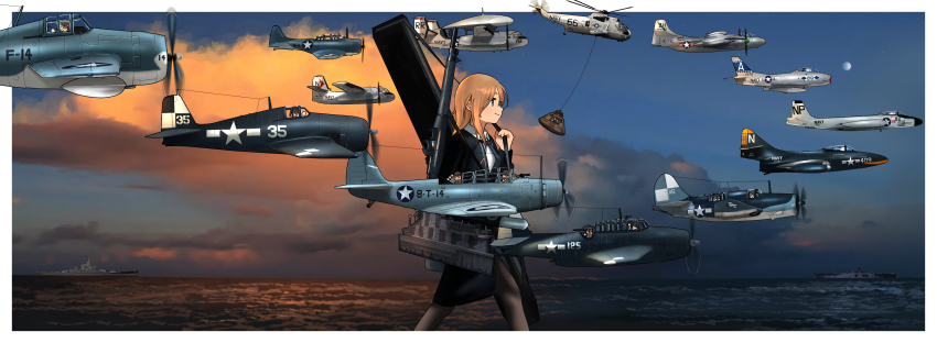 6+girls absurdres aircraft airplane alternate_hair_color amphibious_helicopter battleship black_pantyhose black_skirt blue_eyes bolt_action bomber_jacket brown_hair cloud day dress_shirt fairy_(kancolle) gun helicopter highres hornet_(kancolle) jacket kantai_collection long_hair m1903_springfield military_vehicle mini_person minigirl multiple_girls ocean outdoors pantyhose pencil_skirt rifle rigging ship shirt skirt timmyyen warship watercraft weapon weapon_case