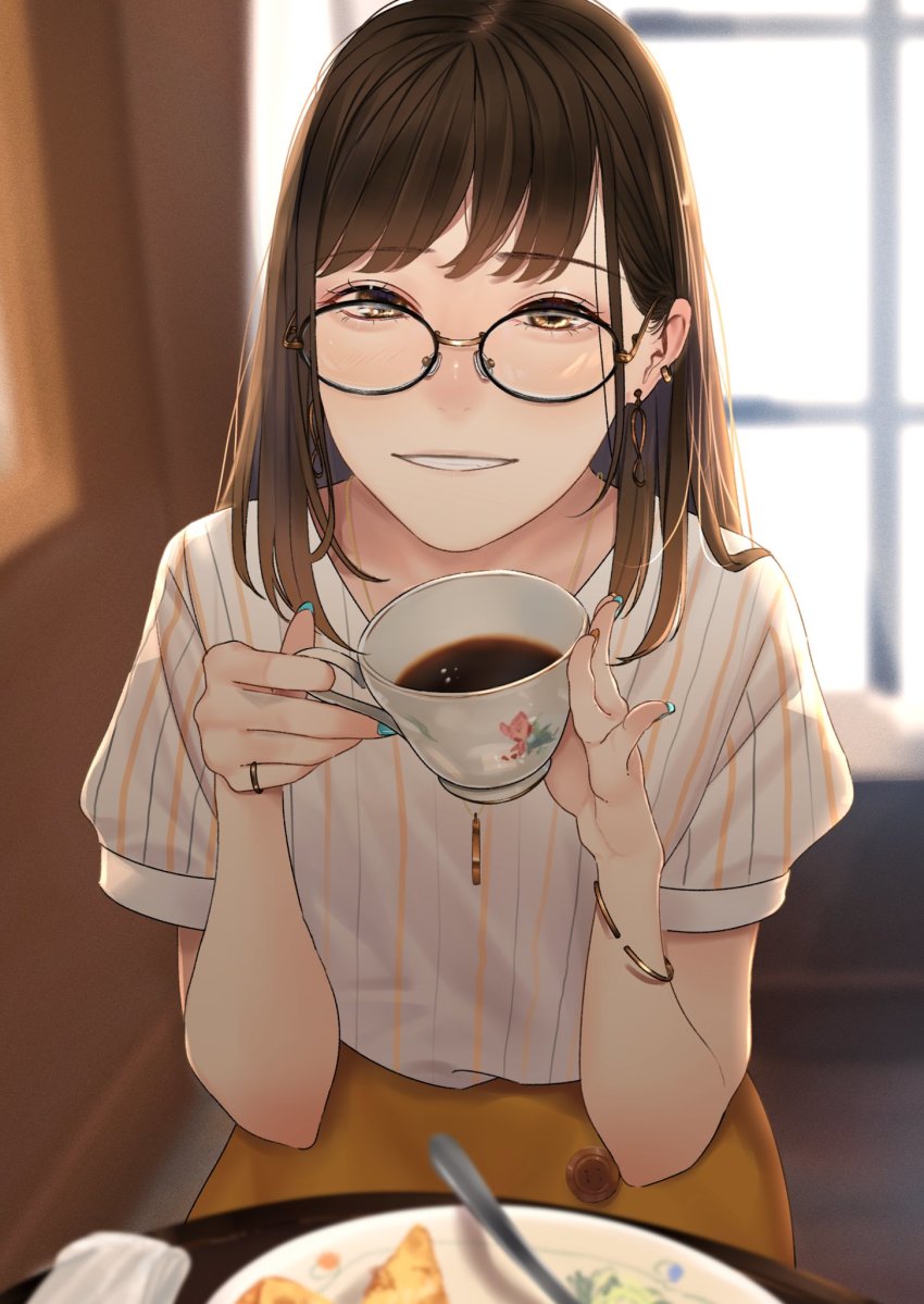 1girl black-framed_eyewear blurry blurry_foreground blush bracelet brown_eyes brown_hair cup earrings food glasses hands_up highres holding holding_cup indoors jewelry long_hair necklace original parted_lips plate ring saitou_(lynx-shrike) shirt short_sleeves sitting smile solo striped_clothes striped_shirt table white_shirt window