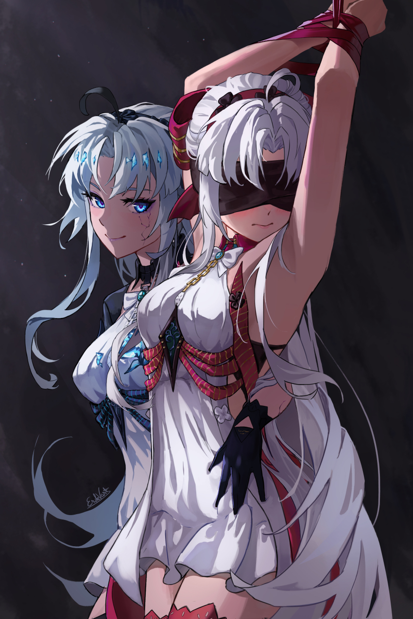 2girls absurdres ahoge armpits arms_up black_gloves black_jacket blindfold blue_eyes blush bound bound_wrists bow breasts carlotta_(wuthering_waves) closed_mouth commentary cowboy_shot cracked_skin dark_persona dress dual_persona english_commentary erikvarts gloves hair_bow hand_on_another&#039;s_hip highres jacket long_hair looking_at_viewer multiple_girls parted_bangs pink_bow signature small_breasts smile striped_bow thighs very_long_hair white_dress white_hair wuthering_waves