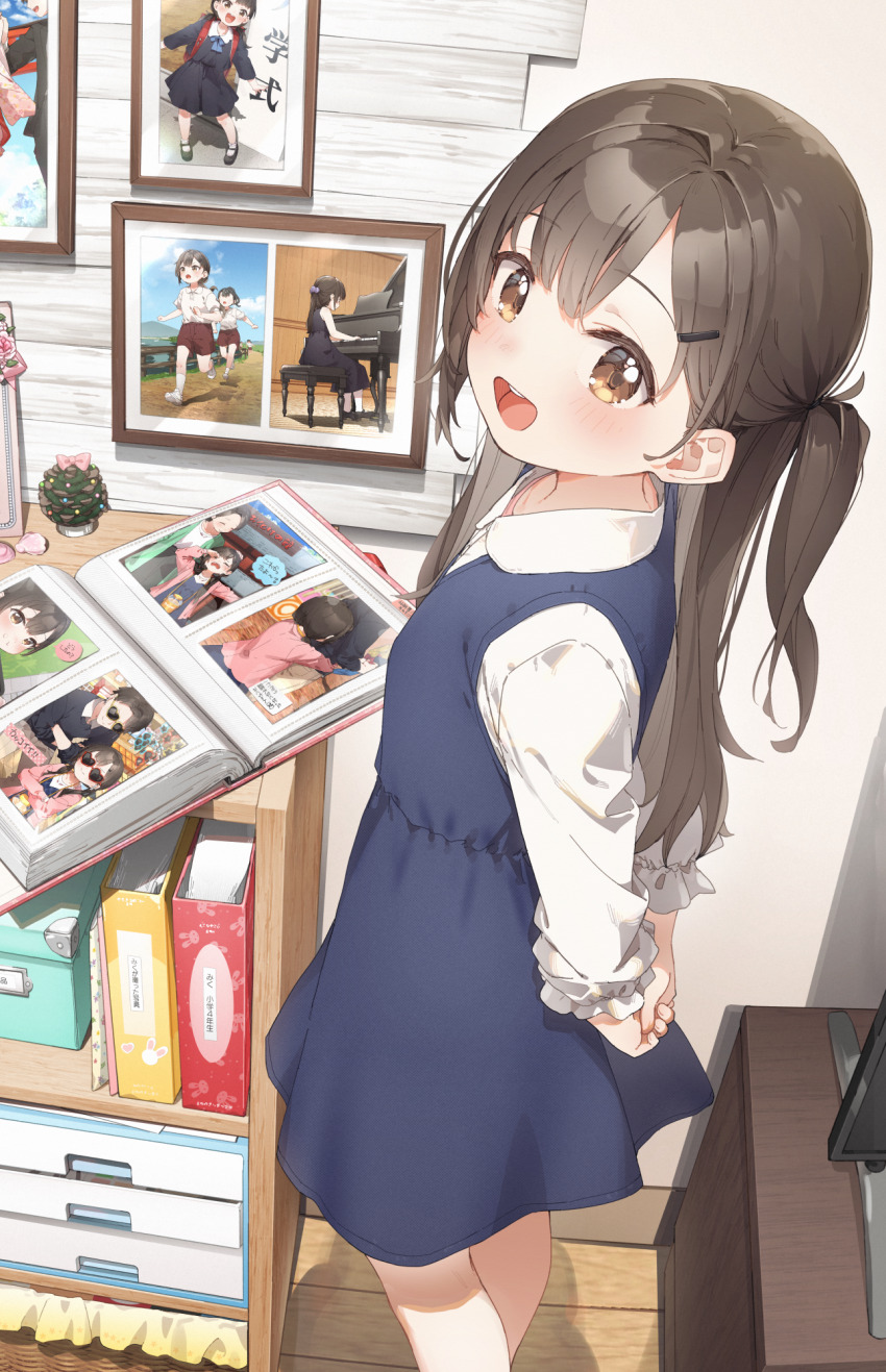 1girl :d arms_behind_back backpack bag blue_dress blush brown_eyes brown_hair closed_eyes closed_mouth collared_shirt commentary_request crying dress eshi_100_nin_ten faceless faceless_female grand_piano hair_ornament hairclip heart heart-shaped_eyewear highres hug hug_from_behind indoors instrument long_sleeves one_side_up open_mouth original photo_album piano puffy_long_sleeves puffy_sleeves randoseru red-framed_eyewear running shirt sleeveless sleeveless_dress smile solo standing sunglasses tears teeth upper_teeth_only white_shirt wooden_floor yukie_(kusaka_shi)