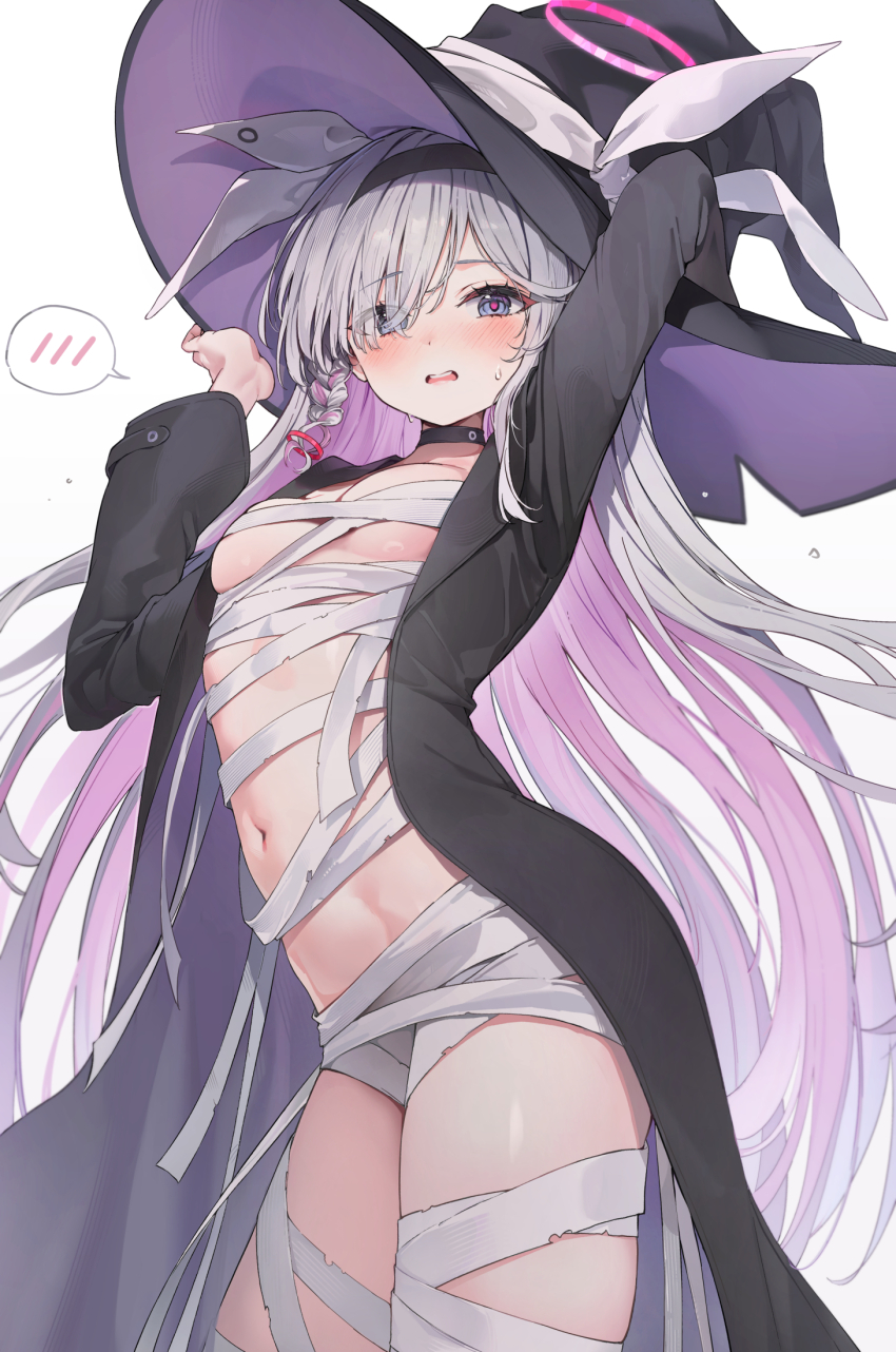 1girl black_hat black_shirt blue_archive blush breasts grey_hair halloween hat highres huwari_(dnwls3010) long_hair long_sleeves looking_at_viewer multicolored_hair mummy_costume navel open_clothes open_mouth open_shirt pink_hair plana_(blue_archive) shirt simple_background small_breasts solo spoken_blush standing thighs two-tone_hair white_background witch_hat