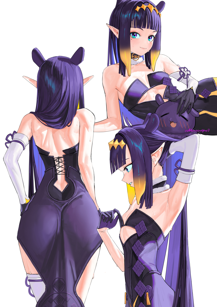 1girl absurdres alternate_eye_color arm_up armpits ass bare_shoulders blue_eyes blunt_bangs blush breasts choker commentary detached_sleeves diamond_hairband dress from_behind from_side fur-trimmed_choker fur_trim gloves gradient_eyes gradient_hair hand_in_own_hair highres hololive hololive_english light_smile long_hair looking_at_viewer lying massiveyog mole mole_under_eye multicolored_eyes multicolored_hair multiple_views ninomae_ina&#039;nis ninomae_ina&#039;nis_(1st_costume) octopus on_side orange_hair pointy_ears purple_eyes purple_hair sidelocks simple_background single_detached_sleeve small_breasts strapless strapless_dress sweat takodachi_(ninomae_ina&#039;nis) tentacle_hair tube_dress very_long_hair virtual_youtuber white_background wide_hips