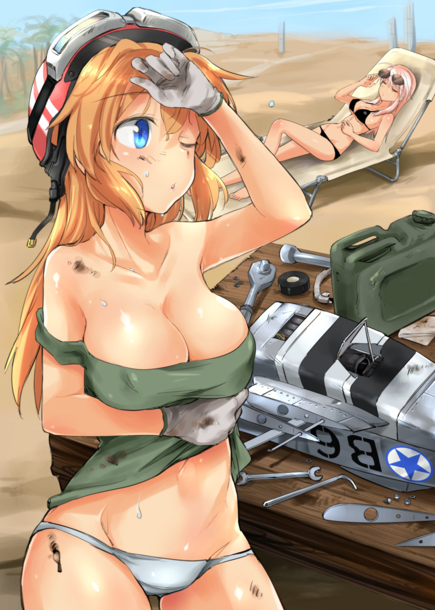 2girls absurdres aohashi_ame beach_chair bikini black_bikini blue_eyes blue_panties blue_sky breasts charlotte_e._yeager cleavage clothes_lift commentary_request crotch_seam day desert dirty dirty_face eyewear_on_head gas_can gloves gluteal_fold goggles goggles_on_headwear green_shirt grey_gloves hanna-justina_marseille helmet highres huge_filesize large_breasts lifting_own_clothes long_hair lying multiple_girls navel no_bra on_back one_eye_closed orange_hair outdoors palm_tree panties red_headwear roundel shirt shirt_lift silver_hair skindentation sky socket_wrench standing strap_slip strike_witches striker_unit sunglasses sunglasses_on_head sweat swimsuit tank_top tree underwear underwear_only wiping_sweat witches_of_africa world_witches_series wrench
