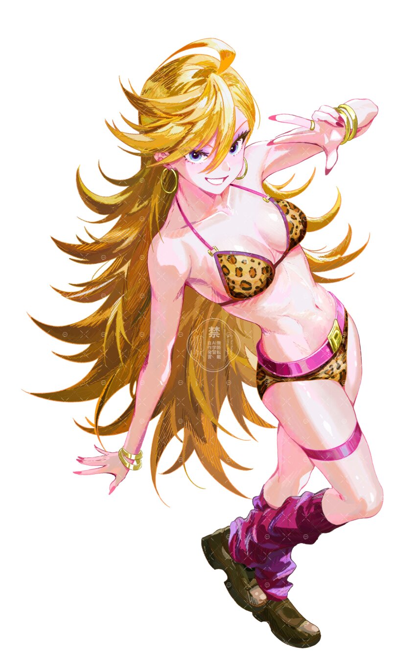 1girl absurdres animal_print artist_request blonde_hair highres leopard_print navel panty_&amp;_stocking_with_garterbelt panty_(psg) simple_background socks tagme underwear white_background