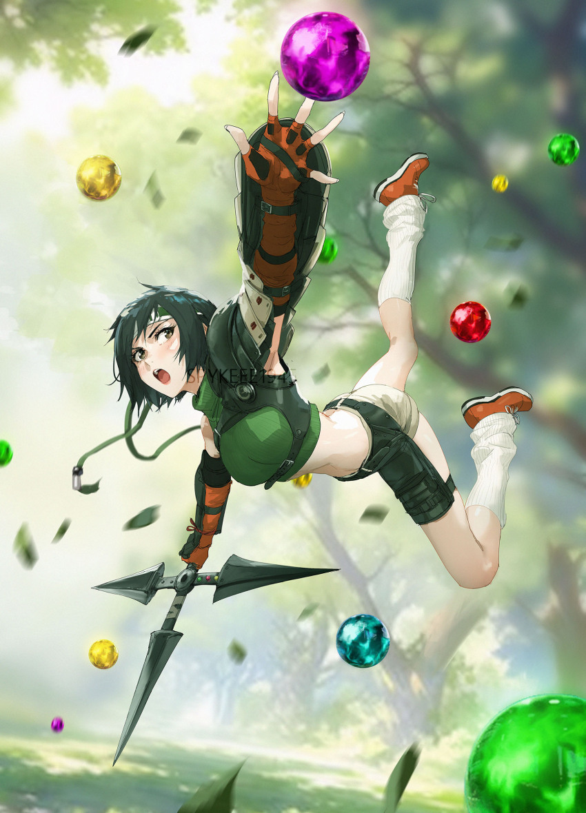 1girl black_hair blurry blurry_background breasts commentary commission cropped_sweater english_commentary falling_leaves final_fantasy final_fantasy_vii final_fantasy_vii_rebirth final_fantasy_vii_remake fingerless_gloves full_body gloves grass green_sweater highres holding holding_shuriken holding_weapon jumping leaf loose_socks materia medium_breasts midriff nature open_mouth orange_gloves outdoors outstretched_arm short_hair shorts shuriken single_shoulder_pad sleeveless sleeveless_turtleneck socks solo spykeee sweater tree turtleneck turtleneck_sweater weapon white_socks yuffie_kisaragi