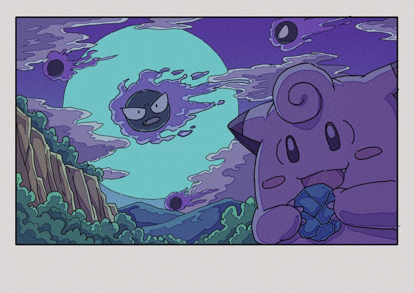:d :o black_eyes blue_moon border clefairy evolution_stone evolutionary_stone fang fang_out full_moon gastly gen_1_pokemon ghost highres holding moon moon_stone mountainous_horizon night night_sky nintendo no_humans onamuzi_illust open_mouth pokemon pokemon_(creature) pokemon_focus purple_sky sky smile white_border