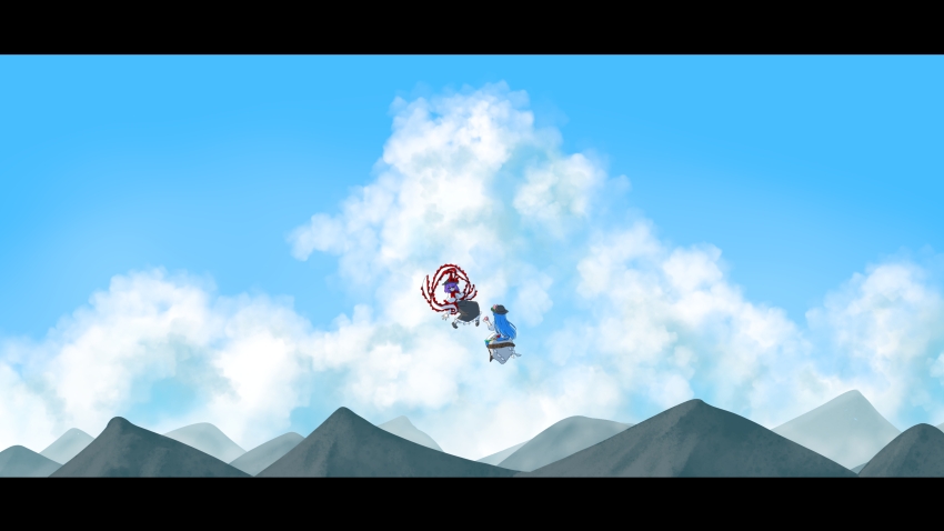 2girls absurdres black_hat black_skirt blue_hair blue_sky cloud commentary_request day flying full_body hagoromo hat highres hinanawi_tenshi kaname-ishi letterboxed long_hair looking_at_another mountain mountainous_horizon multiple_girls nagae_iku outdoors purple_hair scenery shawl short_hair skirt sky sleepymoon touhou wide_shot